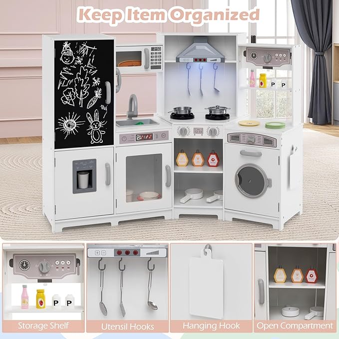 Costzon Corner Play Kitchen w/Lights, Sounds, Large Pretend Play Kitchen Set w/Blackboard, Microwave, Cooking Accessories, Wooden Montessori Sensory Toy for Kids 3+ Years Old (White)