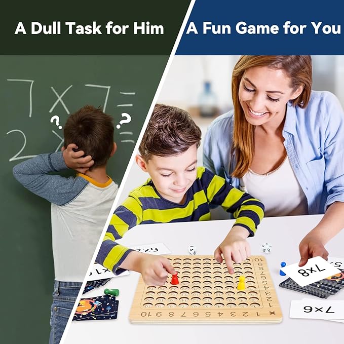 BAKAM Wooden Multiplication Board Math Game for Kids 8-12, Math Manipulatives Set with 100PCS Flash Cards for Kids 6-8 Years Old, Montessori Counting Toy Preschool Learning