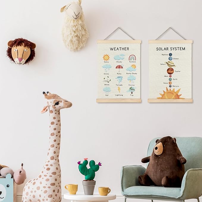 Supwhd Solar System Space Wall Decor, Nursery Wall Decor, Space Weather Chart Wall Art Educational Poster for Kids Room Classroom Preschool Decor, 12x16 Set of 2