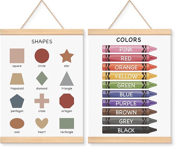 EliteSign Educational Preschool Learning Posters, Colors Poster for Toddlers, Shapes Banner Wall Hanging Posters Decor for Classroom Playroom Nursery Kids Room, 12x17 Inch Set of 2 with Wooden Frames