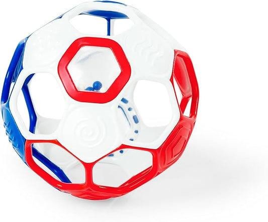 Bright Starts Oball Grippin' Goals Rattle Soccer Ball - Red, White & Blue, Easy-Grasp Toy for Newborn and Up