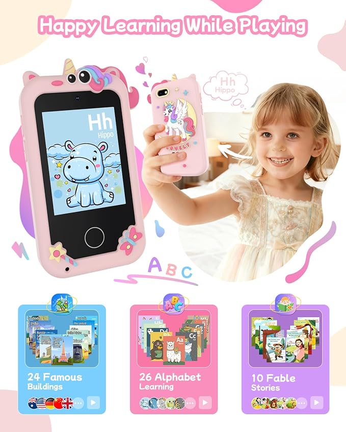 Kids Smart Phone Toy for Girls, Educational Touchscreen Toddler Phone for 3-8 Years Kids, Pretend Play Phone with Dual Camera, Music, 31 Games, ABC Learning & Habit Reminder, Girls Birthday Gift