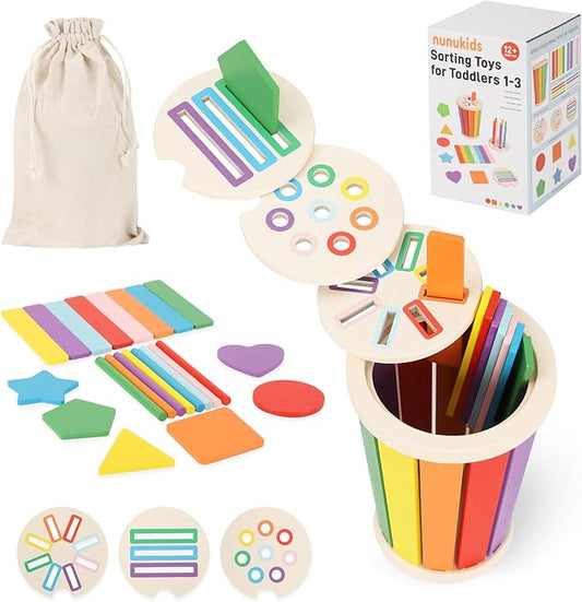 nunukuids Montessori Toys for 1+ Wooden Color Sorting Toys for Toddlers 1-3 Year Old Toddlers Fine Motor Skills Development Color Sorting Fun