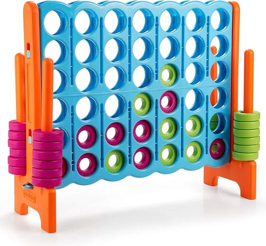 COSTWAY Jumbo 4-to-Score Giant Game Set, 4 in A Row for Kids and Adults, 3.5FT Tall Indoor, Outdoor Set with 42 Jumbo Rings & Quick-Release Slider, Ideal for Holiday Party, Family, Baby Blue