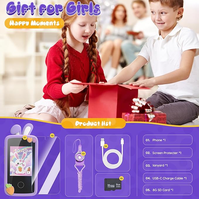 Luyiilo Kids Smart Phone Toys for Girls,Easter Gift for Kids Toys for 3-9 Girls Mini Smart Phone Toys with 2.8" Touchscreen 16 Learning Games Dual Camera Music Player, 8G SD Card