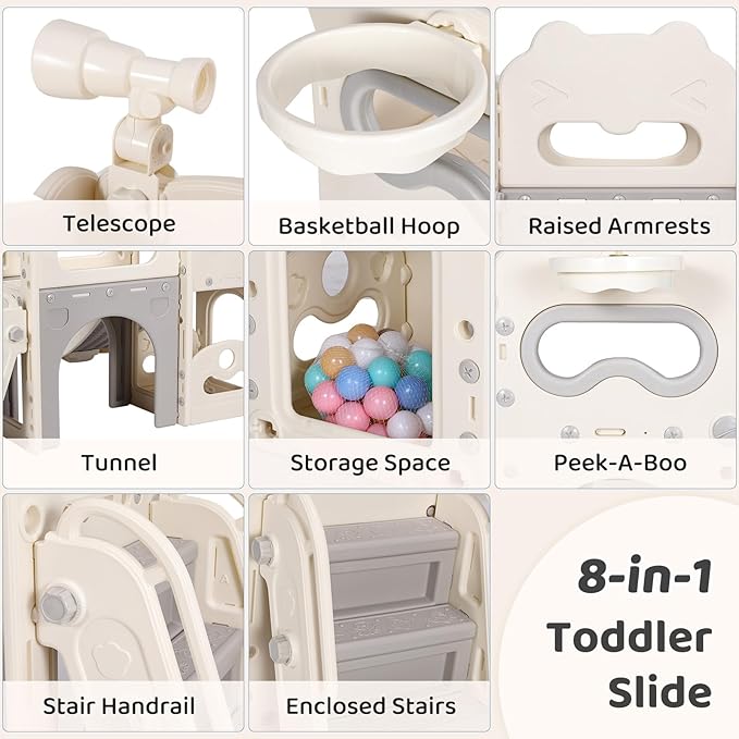 Arlopu 8 in 1 Toddler Slide Playset for Kids, Indoor Outdoor Baby Slide with Basketball Hoop, Telescope & Storage Space, Kids Playground Climber with Enclosed Steps (White Grey)