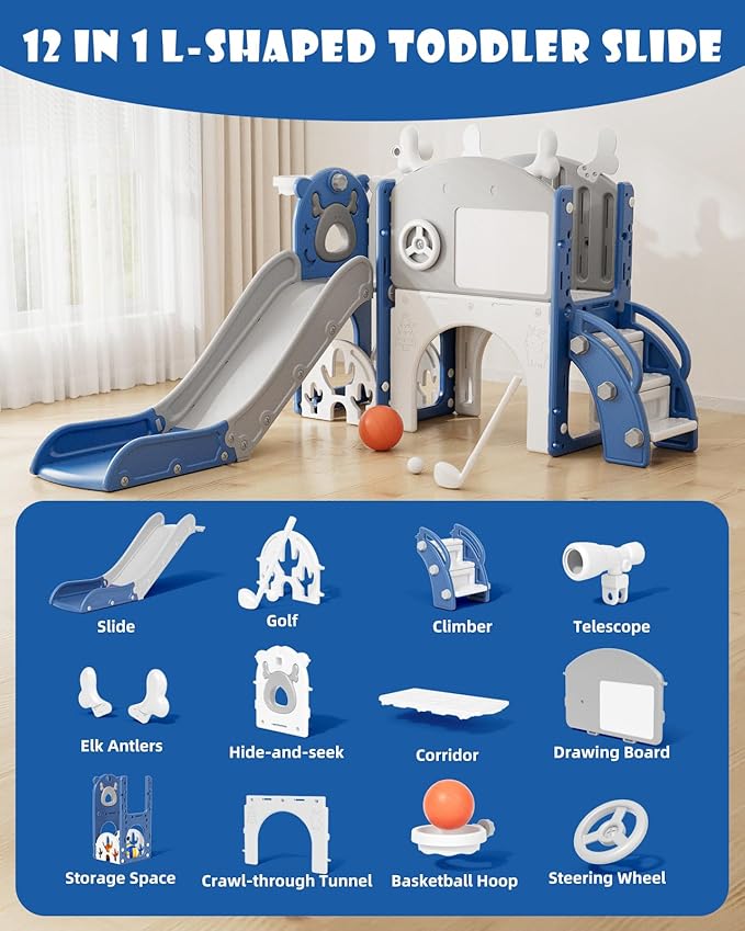 YUFU 12 in 1 Kids Slide for Toddlers, Toddler Slide Playset with Golf, Drawing Board, Climber, Basketball Hoop and Storage Space, Indoor Outdoor Toddler Playground for Kids Age 1-3 (Blue)