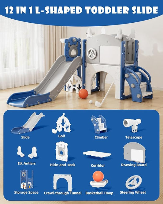 YUFU 12 in 1 Kids Slide for Toddlers, Toddler Slide Playset with Golf, Drawing Board, Climber, Basketball Hoop and Storage Space, Indoor Outdoor Toddler Playground for Kids Age 1-3 (Blue)