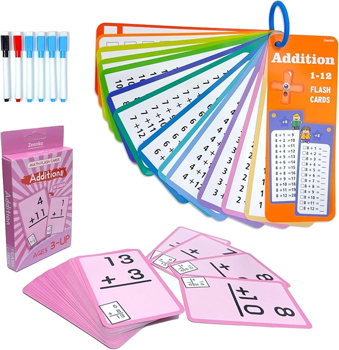 1-12 Math Flash Cards with 6 Dry Erase Pens, 15Pcs Big Addition Flash Cards + 36 Pcs Random Double-Sided Addition Practice Card, Educational Math Flashcards for Kids Ages 3+