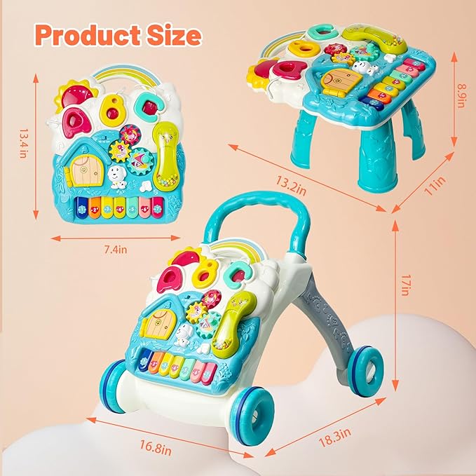 Sit to Stand Baby Walker, Activity Center with Music and Light, Activity Table for Toddlers, Push Toys for Babies Learning to Walk, Early Education Toys for Infant Boys Girls 6 Months Up (Blue)