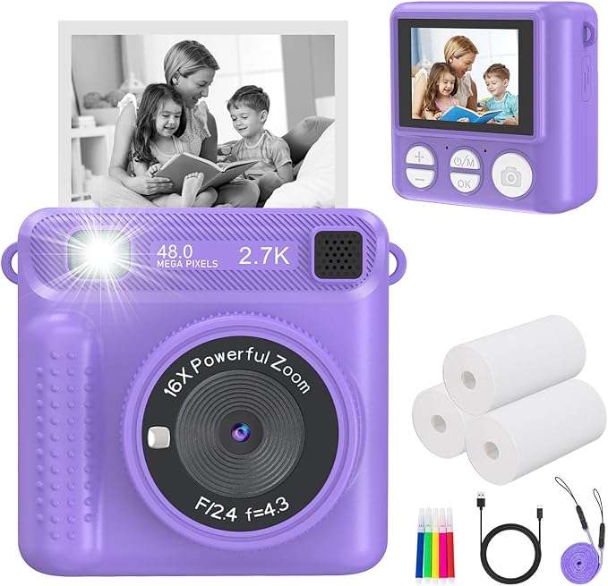 Kids Camera Instant Print, HD Digital Video Recorder with 32GB SD Card, Gifts for 3-12 Year Old Girls and Boys, Portable Toy for Toddlers and Kids(Purple)