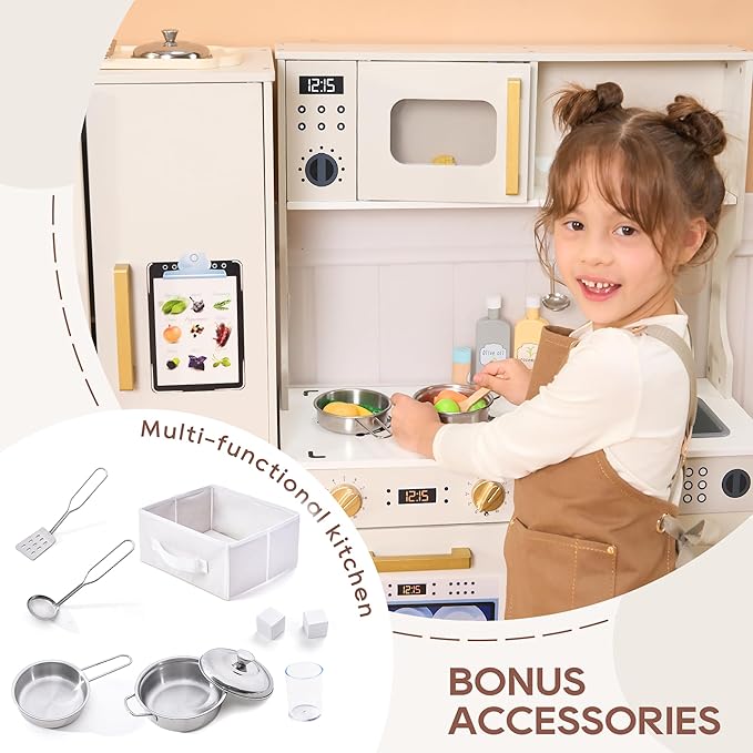 Kids Kitchen Playset with Realistic Design, Luxury Play Kitchen with Extended Storage Cabinets, Toy Kitchen for Toddlers with Coffee Counter, Cookware Accessories, Oven, Microwave (Soft White)