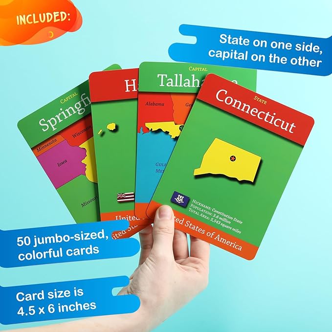 Geotoys GeoCards, USA Flash Cards Geography Game, Kid Card Games for Families, Home, School & Travel - States and Capitals Flash Cards - Fun Kid Games Ages 4 and Up