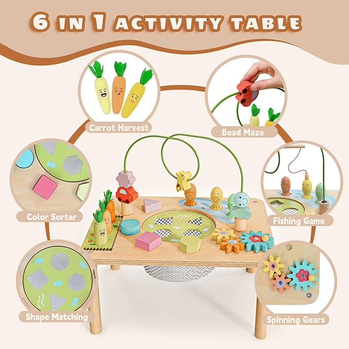 wingyz Activity Table, 6 in 1 Wooden Montessori Activity Center with Bead Maze Shape Sorter Fishing Game, Kids Sensory Play Table Toddler Toys 1st Birthday Gifts Boy Girl(Morandi-Square)