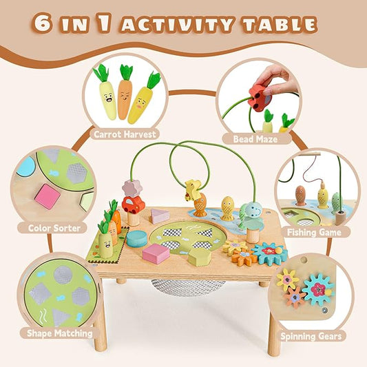 wingyz Activity Table, 6 in 1 Wooden Montessori Activity Center with Bead Maze Shape Sorter Fishing Game, Kids Sensory Play Table Toddler Toys 1st Birthday Gifts Boy Girl(Morandi-Square)