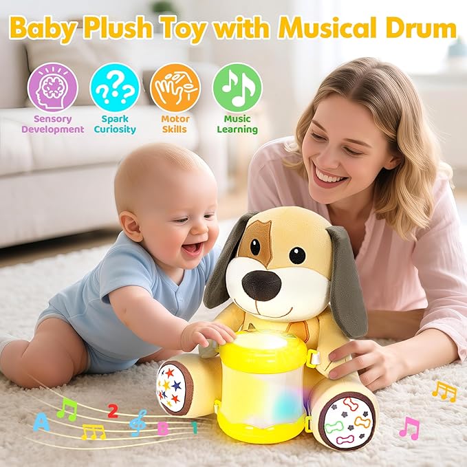 V-Opitos Stuffed Dog Musical Toys for Baby 6-12 Months+, Early Learning Light up Music Drum, Perfect Christmas Birthday Gifts for Boy & Girl Age 1, 2 Years Old