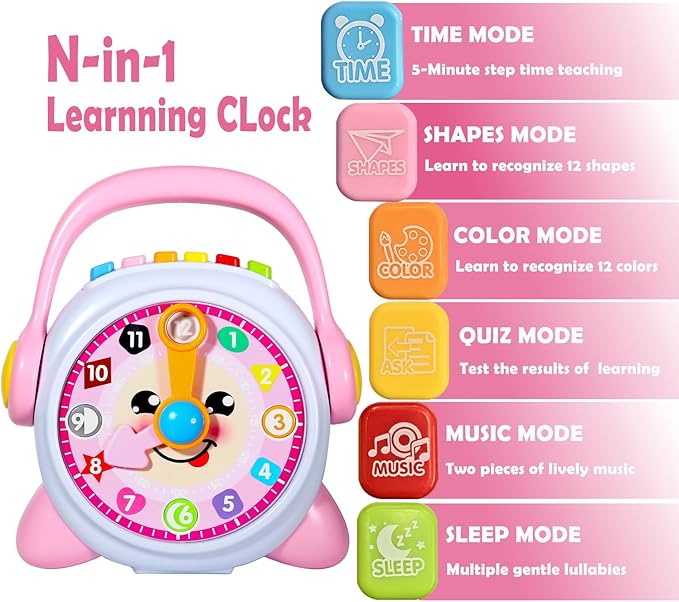 Learning Clock, Learn to Tell Time Clock for Kids & Toddlers Ages 3, 4, 5, 6 Years Old, Educational Teaching Clock Toy with Quiz and Music Sleep Mode, Boy Girl Birthday Present (Pink)