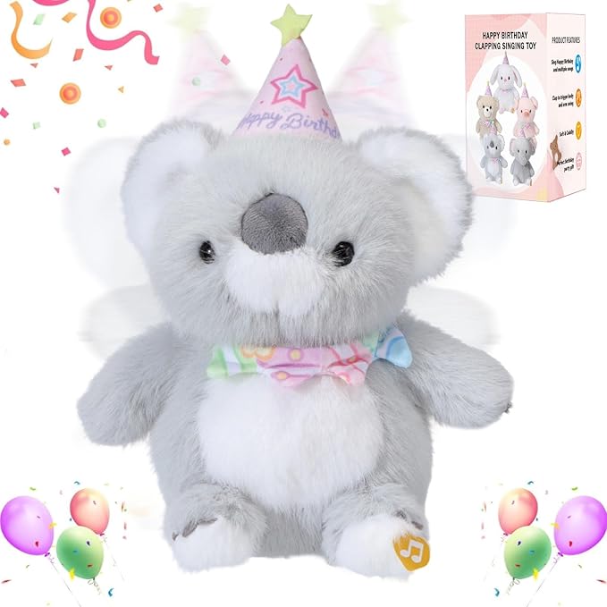 Happy Birthday Interactive Koala, Musical Birthday Stuffed Animal Recording Mimicking Toy, Clapping Activates Singing Dancing Shaking, Cute Koala Plush Gifts for Kids Girls Boys