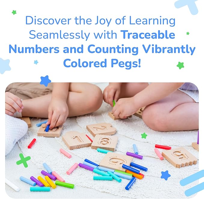 Bimi Boo Counting Peg Boards and Number Tracing for Kids - Wooden Montessori Arithmetic Math Toy Set for Toddlers and Preschoolers - Math Manipulatives for Kindergarten (55 Pegs, 10 Boards, 1 Pencil)