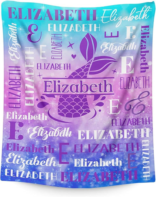 Blankets for Kids Girls 6-8, Custom Mermaid Gifts for Children Teens, Personalized with Name Soft Flannel Lightweight Monogram Name Accessories Blanket for Travel Camping Outdoor Decoration