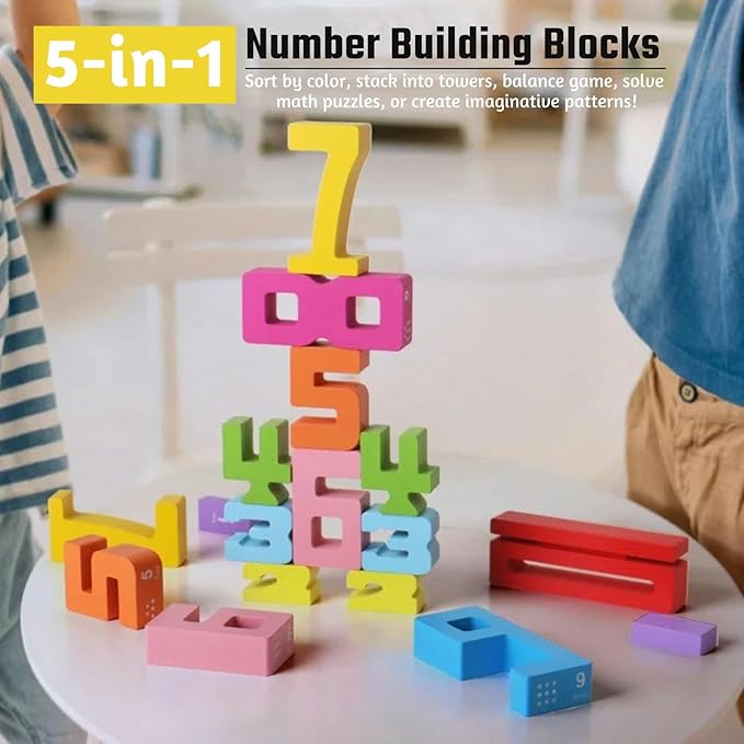 20PCS Wooden Number Building Blocks 1-10 - Montessori Math Stacking Number Blocks Toys with Counting Games, Bright Digital Building Blocks Friends of 10, STEM Learning Toys for Kids Ages 3-8