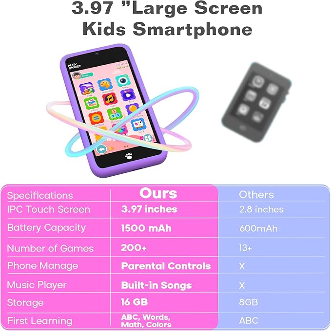 MOMILLA Kids Smart Phone Toys for Girls, 3.97” Touchscreen, Dual Cameras with Stickers, 200+ Games & 16GB Storage, Christmas Birthday Gifts for Kids Age 3-10, Educational Mini Toddler Play Phone Toy