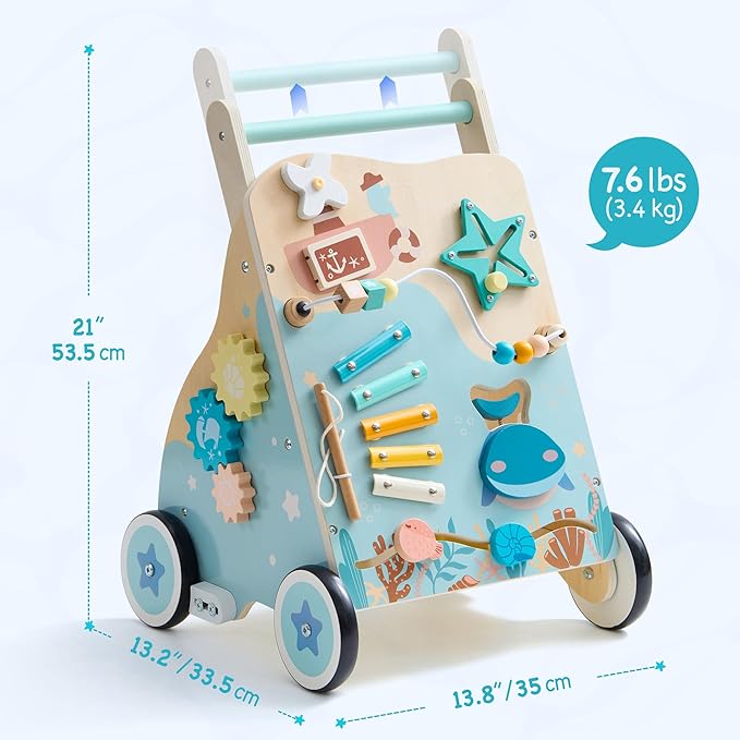 ROBOTIME Wooden Baby Push Walker, Ocean-Themed Wooden Baby Walker with Wheels, Sit-to-Stand Activity Center, Push Toy for Toddlers, for Boys and Girls