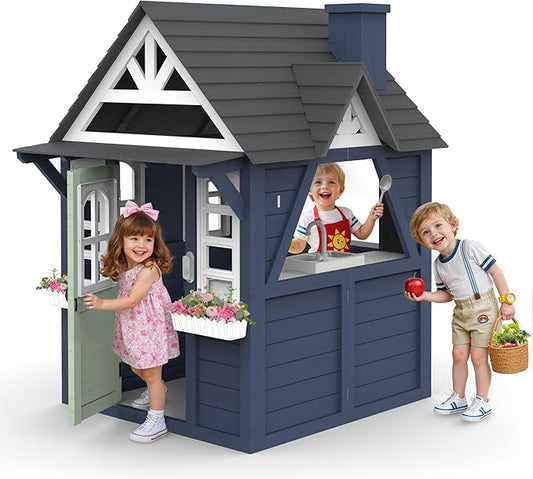 Outdoor Kids Playhouse, Modern Fir Wood Indoor/Outdoor Play House for Ages 3–8 with Play Kitchen, Sink, Stove, Cookware, Chalkboard, Flowerpot Holders & Working Doorbell (Blue)