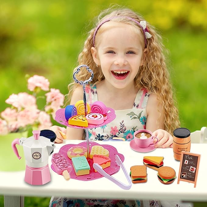 Pretend Tea Party Set for Little Girls, 48 PCS Coffee Maker Set and Play Food Dessert Set for Kids Age 3 4 5 6 7 8 9, Kids Kitchen Pretend Play for Princess Girls Boys(Pink)