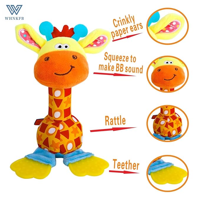 Baby Teether Rattle Toy - Soft Giraffe Plush with Crinkle Squeaky Sound, Sensory Shaker for Newborns 0-12 Months, Infant Learning and Travel Stroller Toy