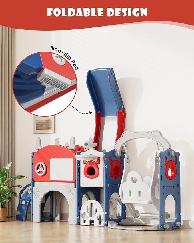 YUFU 13 in 1 Toddler Slide and Swing Set, Kids Slide for Toddlers Age 1-3, Toddler Playset with Golf Set, Basketball Hoop and Drawing Board, Outdoor Indoor Playground (Blue Red)