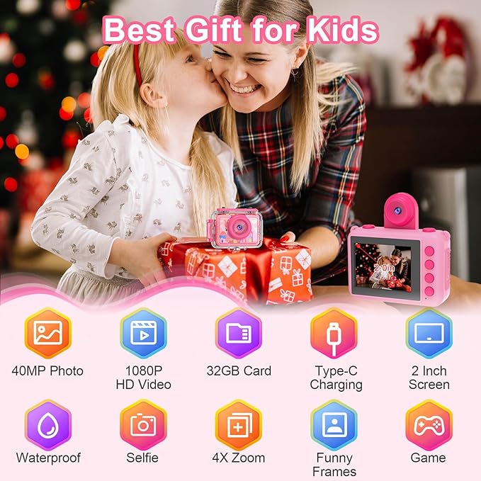 PROGRACE Kids Digital Waterproof Camera - 2025 Upgrade Underwater Camera Birthday Gifts for Girls Children Action Cameras with 32GB SD Card, Pool Toys for Kids Age 4 5 6 7 8 9 10 12