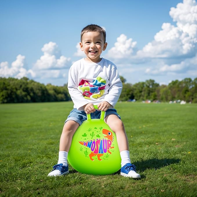 ZOOJOY Hopper Ball for Kids Aged 3-8, 18In Bouncy Balls with Handle, Green Dinosaur Hoppity Hop Ball with Pump, Indoor Outdoor Inflatable Jumping Hopping Toys for Boys Girls Girls