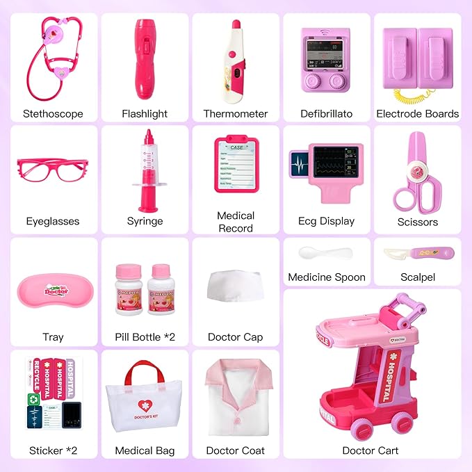 Doctor Kit for Toddlers Aged 3 4 5, Medical Pretend Play Set for Kids with Bag and Costume, Doctor Cart Toy for Girls Boys Christmas Birthday Gift (Pink)