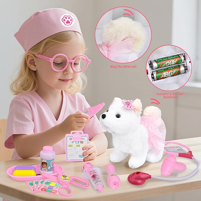 Kids Pet Doctor Kit for Toddlers, 21PCS Kids Doctor Playset with Plush Dog, Medical Toys, Stethoscope, Dress Up Costume, Carrying Bag,Christmas Birthday Gifts for Ages 3 4 5 6 7 8 Year Old Girls