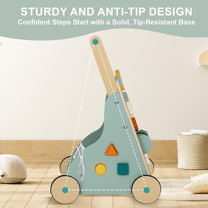 Adjustable Wooden Baby Walker – Montessori Push Toy for 1 Year Old with Rocket-Themed Activity Center, Sit-to-Stand Walker Gift for Boys and Girls