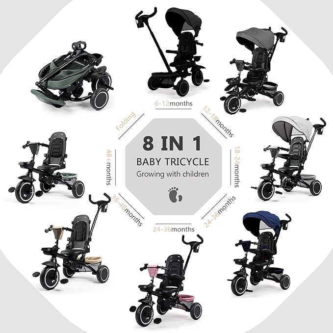 Kinder King Kids Tricycle, 8 in 1 Folding Toddler Trike w/Adjustable Push Handle, Rotatable Seat, Adjustable Canopy, Bell, Five-Point Harness, Storage, Toddler Stroller Bike for Age 6 Months+, Blue