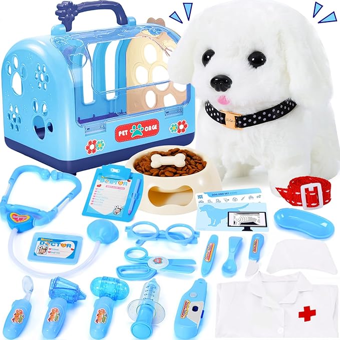 Dog Toys Doctor Kit for Kids, Walking Barking Electronic Interactive stuffed Puppy Toy with Pretend Playset for Toddlers, Pet Care Veterinarian Toy Set, Ages 3-6 Year Old for Girls Role Play Gift Blue