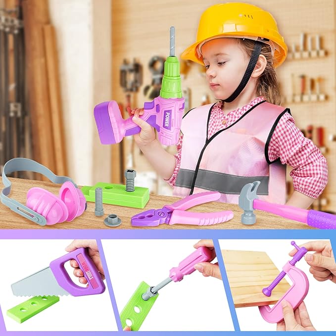 Kids Tool Set with Electric Toy Drill Hammer Tool Box for Girls, Pink Toddler Tool Set Kids Power Construction Pretend Play Tools Kit for 3 4 5 6 7 8 Year Old Toddlers Girl Boys Toys
