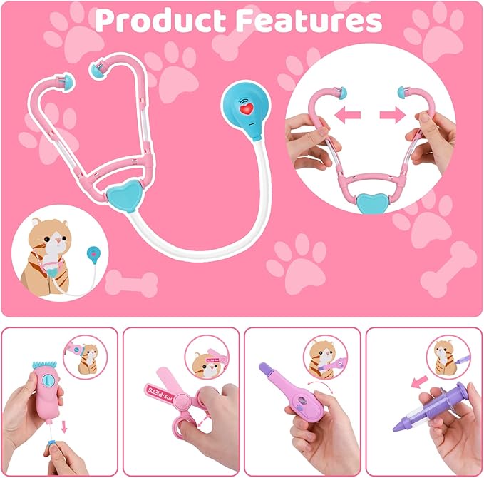 MAGIC4U Pet Cat Care Carrier Suitcase Toy, 29PCS Vet Clinic and Doctor Kit for Kids, Pet Kitty Grooming Feeding Toys, Veterinarian Pretend Play Set, Gifts for Boys and Girls Ages 3-12