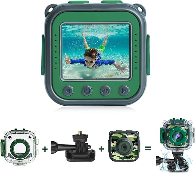 PROGRACE Kids Waterproof Camera - Birthday for 3-12 Year Old Boys 1080P HD Underwater Video Camera for Kids Pool Toys Toddler Digital Cameras with 32GB SD Card Green