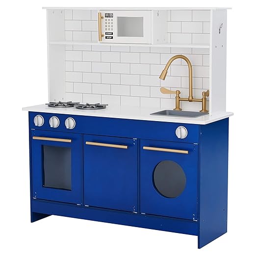 Teamson Kids Little Chef Berlin Kids Play Kitchen with 6 Kitchen Accessories, Wooden Play Kitchen Set for Toddlers with Subway Tile Backsplash, Gold Hardware, & Storage Shelves, Blue/White
