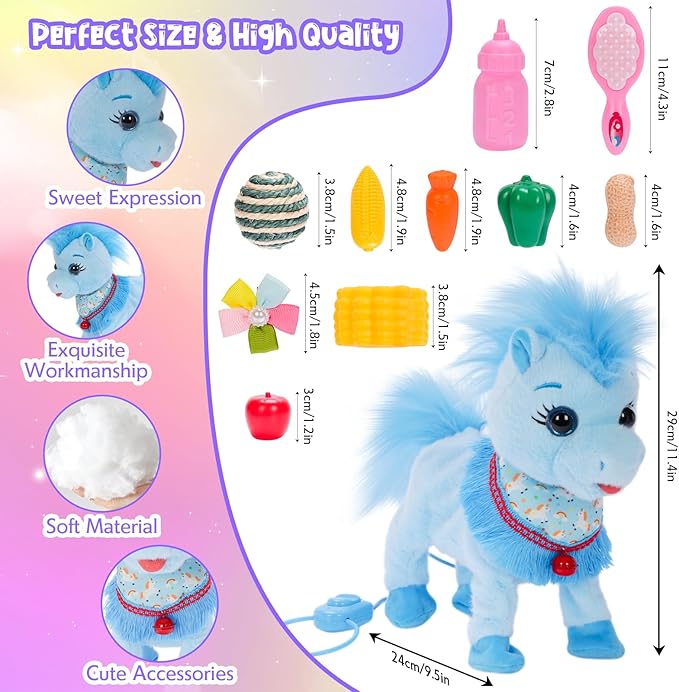 Blue Interactive Walking Singing Pony, Toy Horse Talking Dancing Pony with Leash, Electric Plush Pony Horse Pet Toy for Toddler, Nod Lick Wag Repeat What You Say 3+ Girl Boy Kid