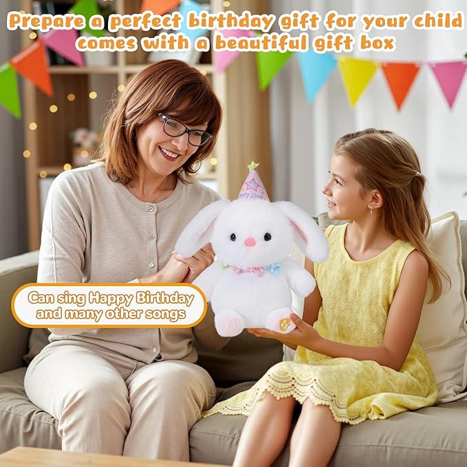 Happy Birthday Interactive Bunny, Clapping Activates Singing Dancing Shaking, Musical Birthday Stuffed Animal Recording Mimicking Toy, Cute Bunny Plush Gifts for Kids Girls Boys