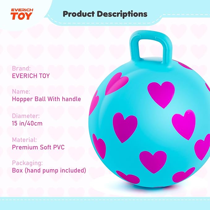 EVERICH TOY Hopper Ball for Kids 3-6, 15In Hippity Hop Ball, Sit On Blue Bouncy Balls with Handle, Indoor Outdoor Pink Heart Inflatable Christmas Hopping Toys for Girls Boys