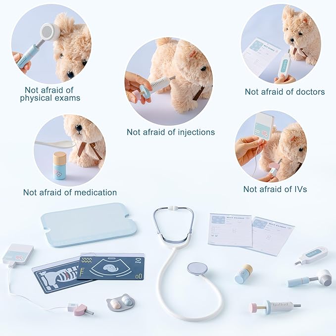ROBUD Toddler Doctor Play Set, Complete Doctor Kit for Kids with Adjustable Height and Medical Tools, Wooden Pretend Play Pet Doctor Cart for Kids Aged 3+, Vet Kit for Imaginative Role Play Fun