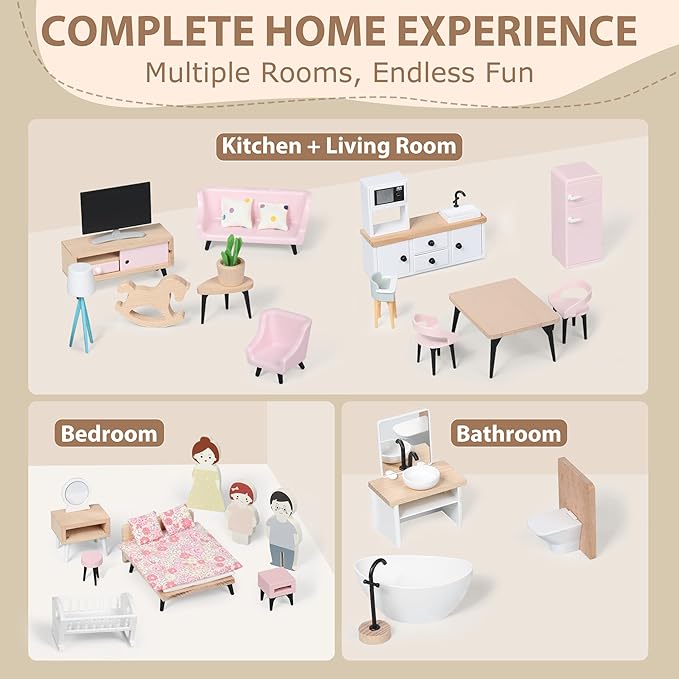 Wooden Dollhouse Furniture Set, Dollhouse Accessories and Furniture, with 7 Rooms 3 Dolls, Includes Patio Set & Dog Set, Doll House Furniture Toys Gift for Kids Boys Girls