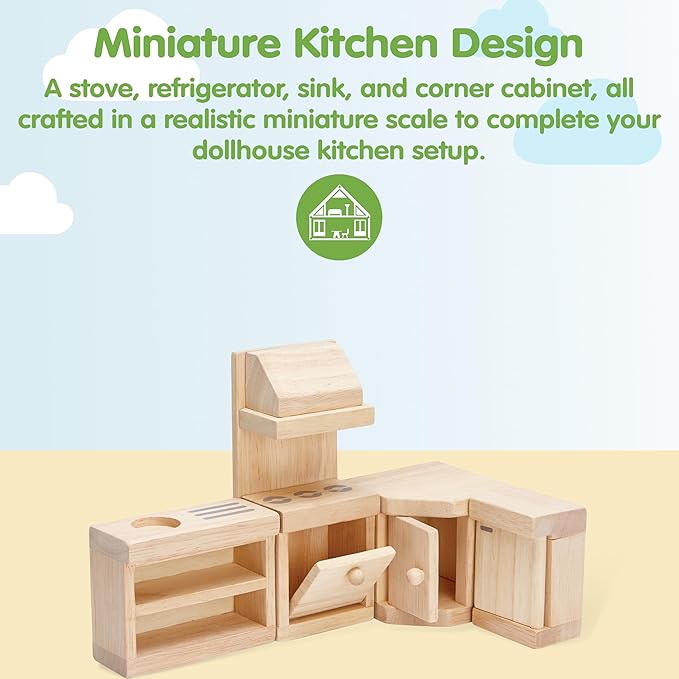 PlanToys Wooden Classic Line of Dollhouse Furniture- Kitchen Set (9013) | Sustainably Made from Rubberwood and Non-Toxic Paints and Dyes |PlanNatural Classic Wooden Toy Collection