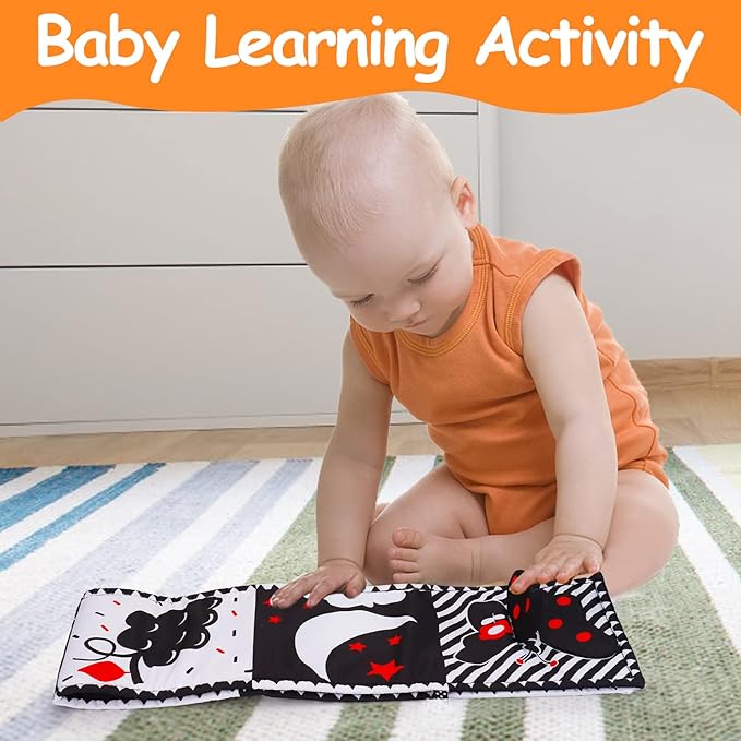 Thremhoo Black and White High Contrast Toys for Baby 0-3 3-6 Months Infant Tummy Time Soft Crinkle Book Mirror Sensory Toys 0 2 4 5 6 Month Old Babies Boy Gril Brain Development Newborn Shower