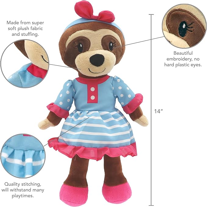 Playtime by Eimmie Soft Baby Doll Sofie The Sloth - 14" Plush Rag Doll with Embroidered Features for Girls, Boys, Toddlers & Infants - Educational Stuffed Animal for Imaginative Play